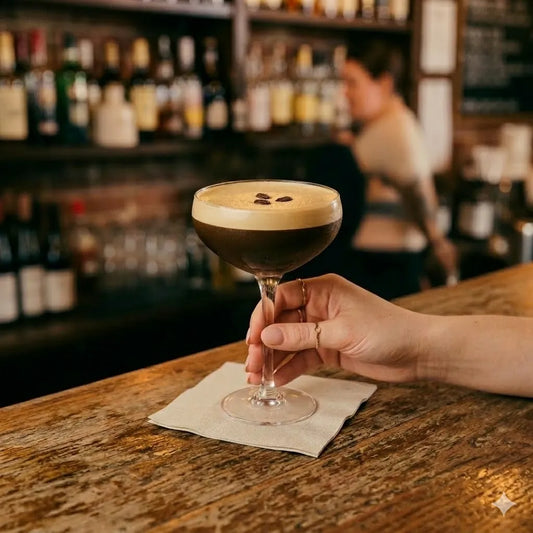 Una mano sosteniendo un cóctel Espresso Martini servido en copa coupé, con espuma color avellana y tres granos de café flotando